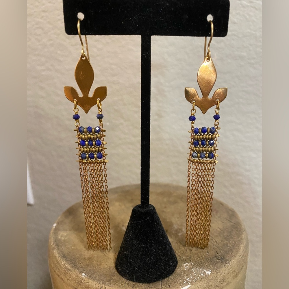 Brass & Lapis Fleur-de-lis Chain Earrings
